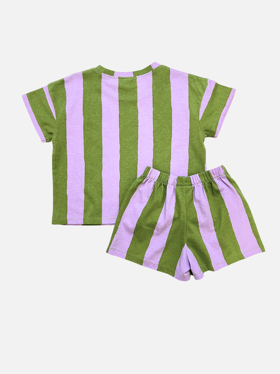 The UMBRELLA STRIPE SHORT SET is a unisex children's outfit made from organic cotton, featuring green and lavender vertical stripes. This set includes a short-sleeve shirt and shorts, shown on a white background—ideal for stylish playtime.