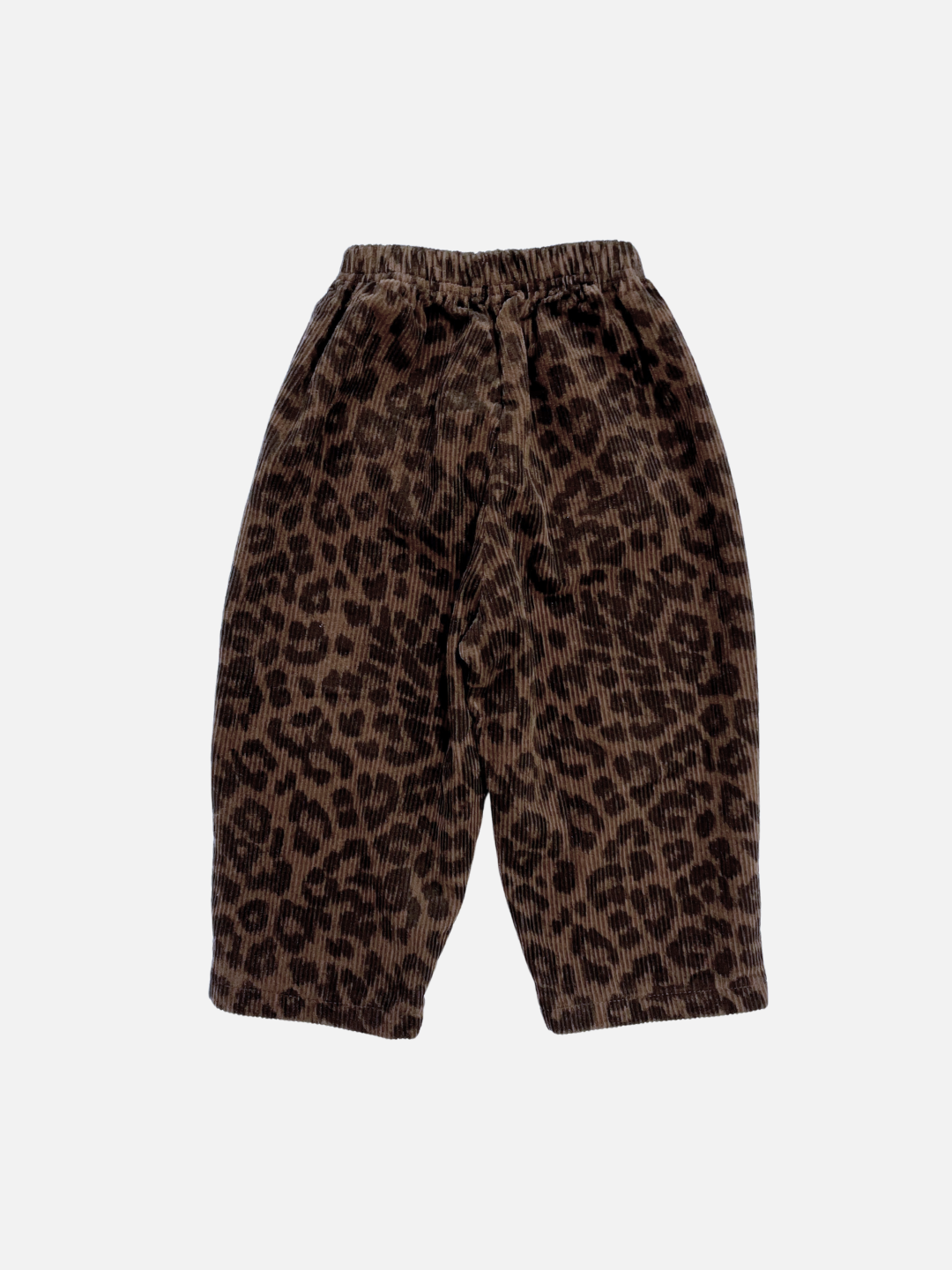 Dark | LEOPARD CORDUROY PANTS, featuring brown cotton corduroy with a leopard print and an elastic waistband from a Korean brand, are shown against a plain white background.
