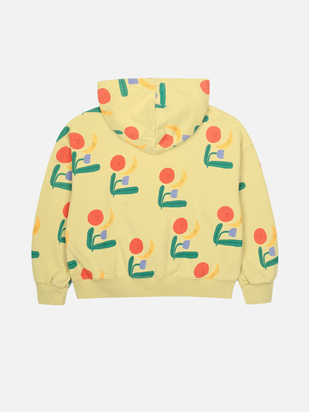 The COLORED NATURE HOODIE ZIP UP is a yellow sweatshirt with a playful abstract sun and plant pattern in red, green, blue, and yellow. Displayed flat with the back facing up.