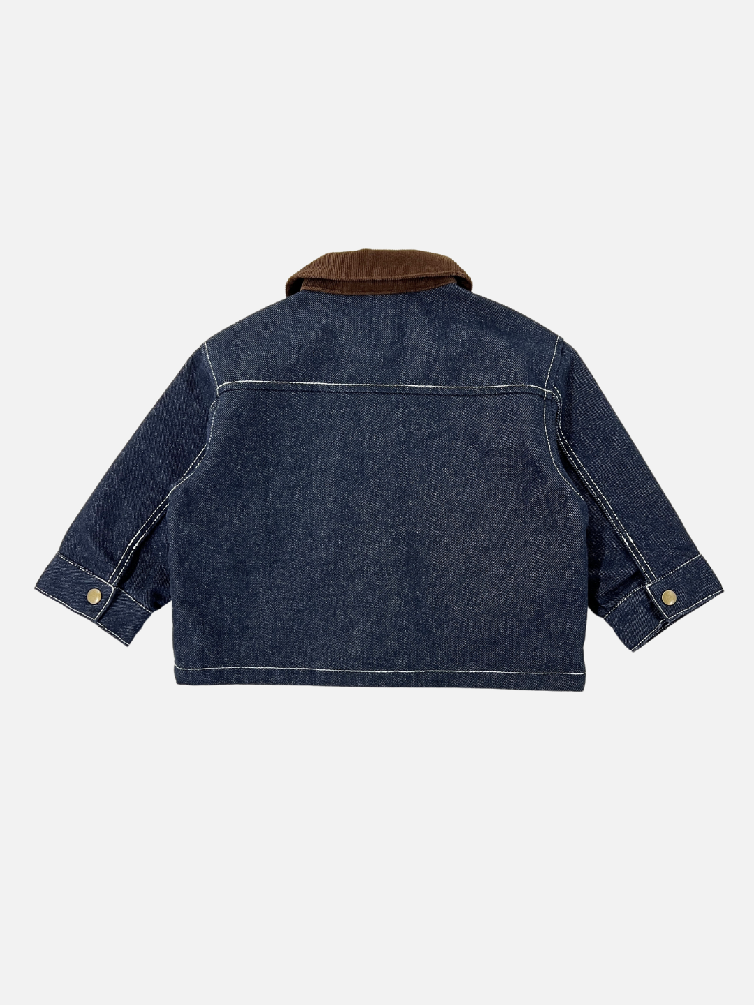 Indigo | Back view of kids indigo denim jacket with dark brown corduroy collar.