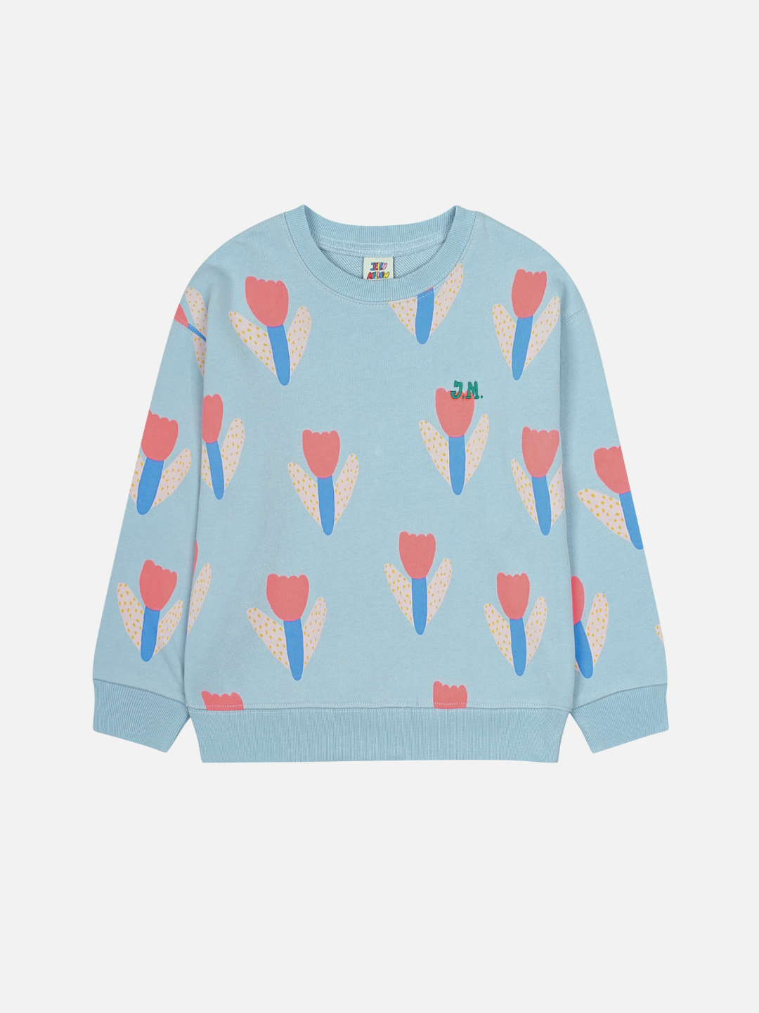The TULIP SWEATSHIRT is a light blue top with a repeating pink and blue tulip-like floral pattern, offering stylish comfort —shown laid flat on a white background.