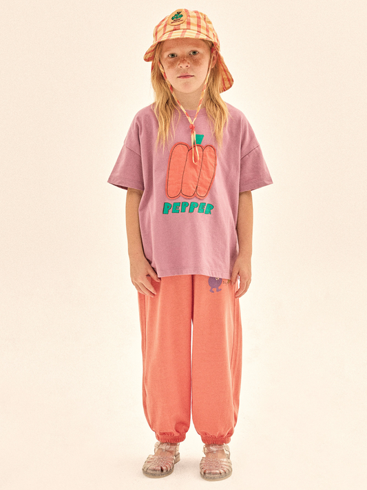 Second image of Purple t-shirt with a red pepper graphic on a white background