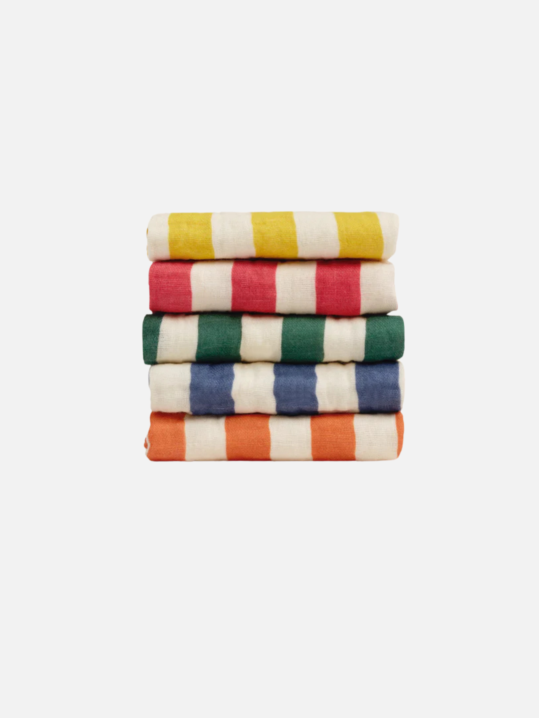 A stack of five ORGANIC BABY WASH CLOTHS in muslin cotton, each with colorful horizontal stripes—yellow, red, green, blue, and orange—on a white background; perfect for bath time.