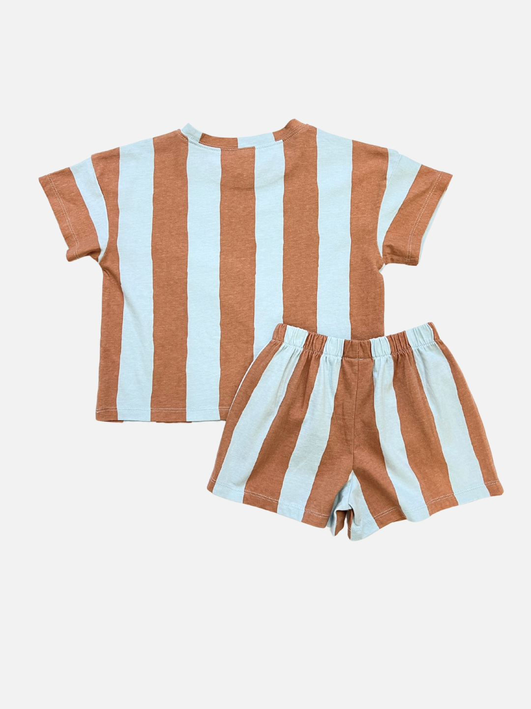 The UMBRELLA STRIPE SHORT SET features a short-sleeve shirt and shorts with vertical brown and light blue stripes, made from organic cotton, shown on a white background.