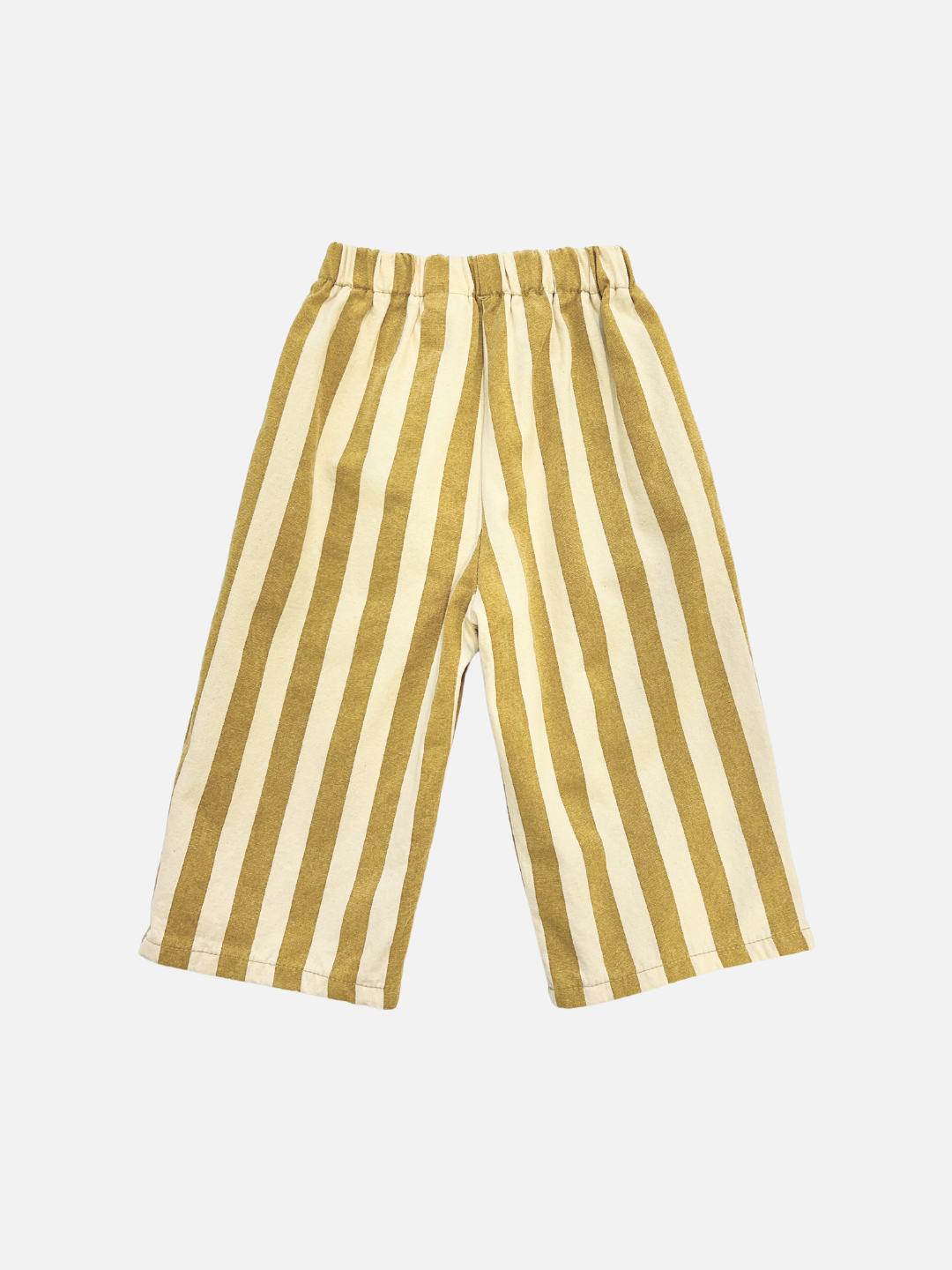 Honey Stripe | STRIPE PANTS: Yellow and white vertical stripe pull-on pants with an elastic waistband, shown laid flat on a white background. A trendy piece from a popular Korean kids brand.
