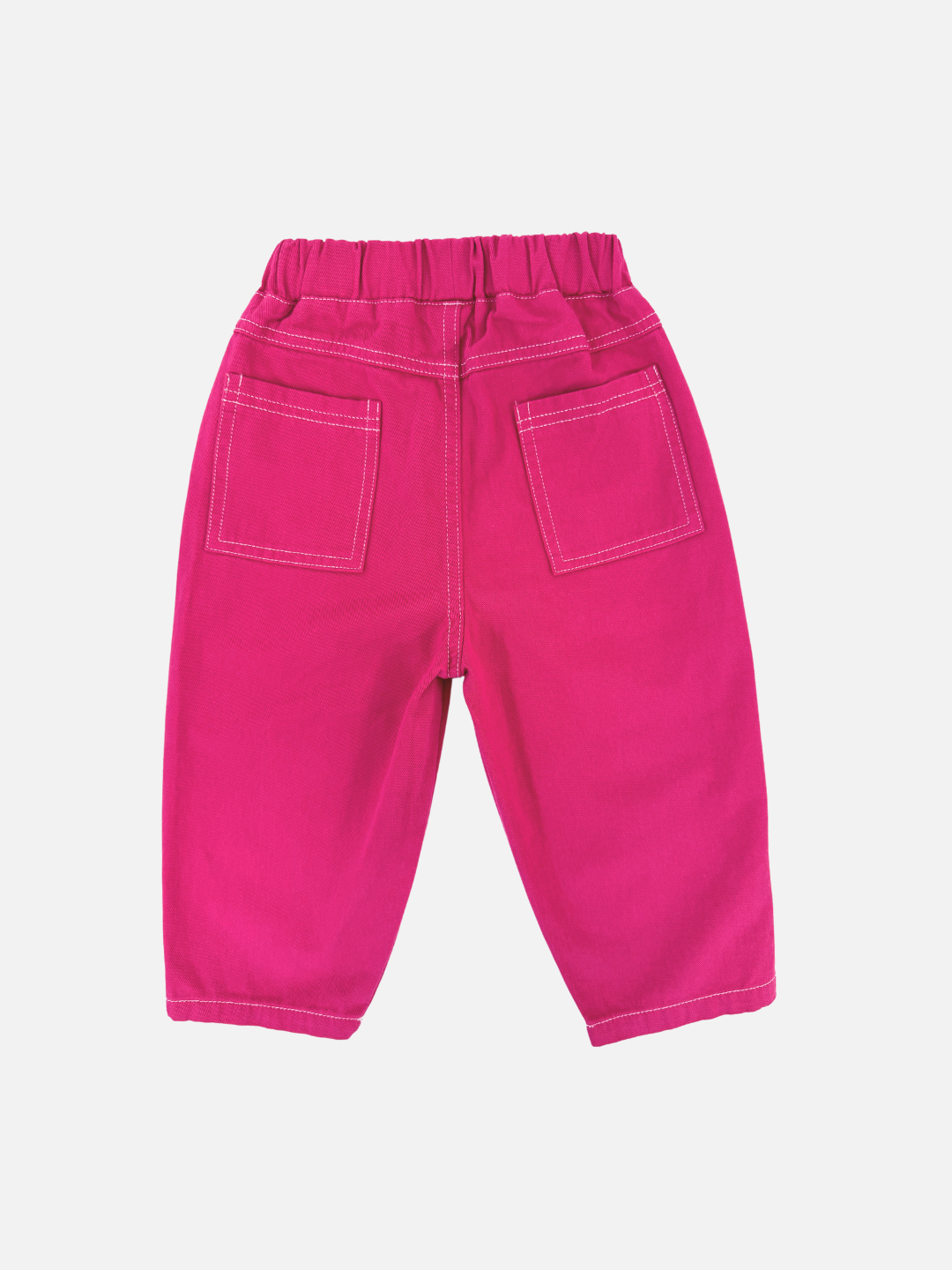 Magenta | TOPSTITCH TWILL PANTS: Bright pink pants for children crafted from soft cotton twill, with an elasticated waistband for comfort and two back pockets, shown on a white background.