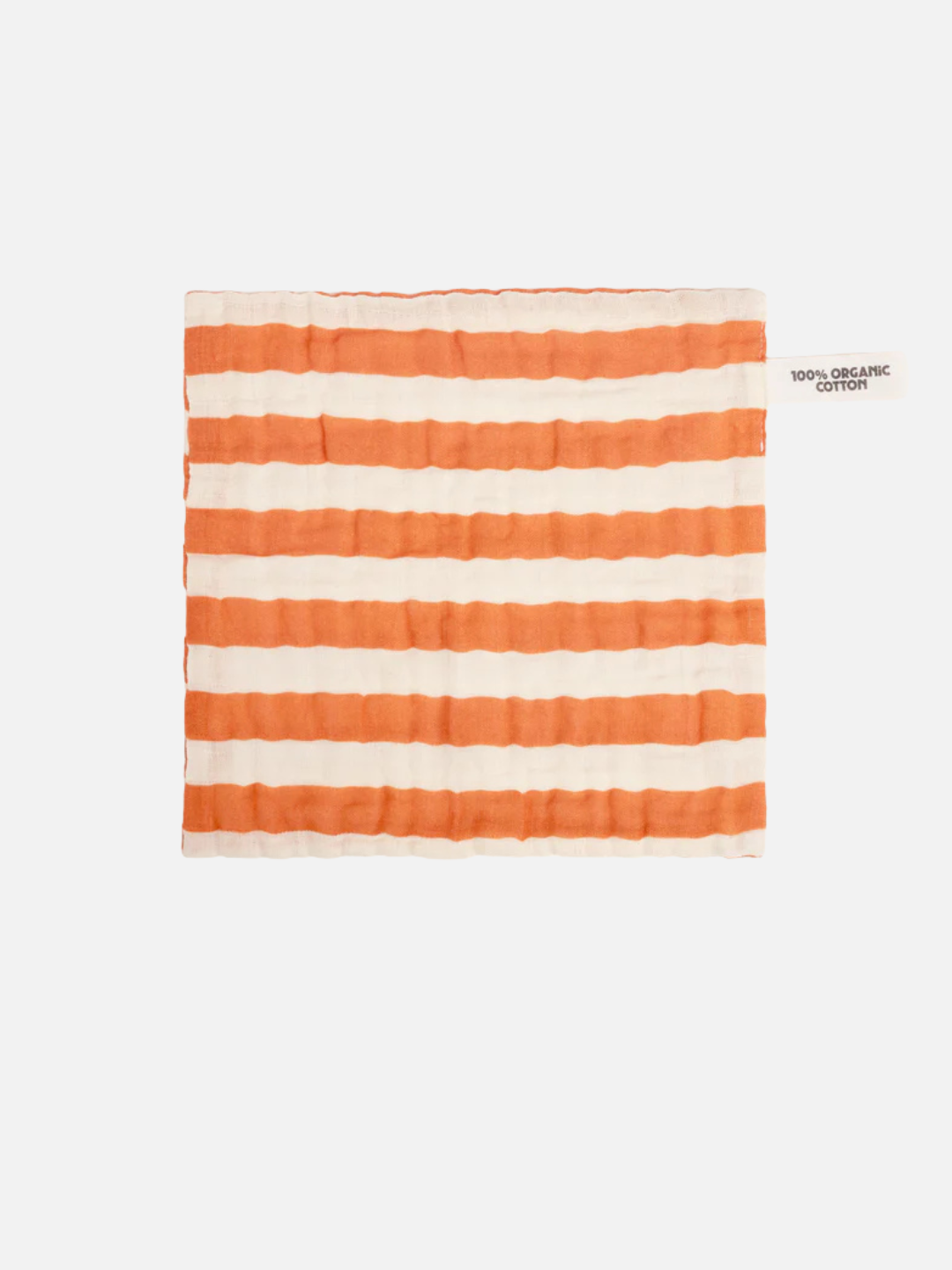 The ORGANIC BABY WASH CLOTHS are square, made from soft organic cotton muslin with orange and white horizontal stripes, and include a tag on the right side that reads "100% ORGANIC COTTON"—ideal for bath time.