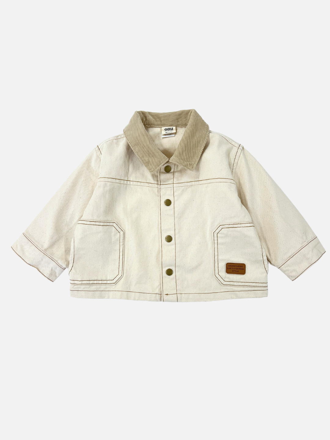 Natural | Front view of kids ecru denim jacket with beige corduroy collar.