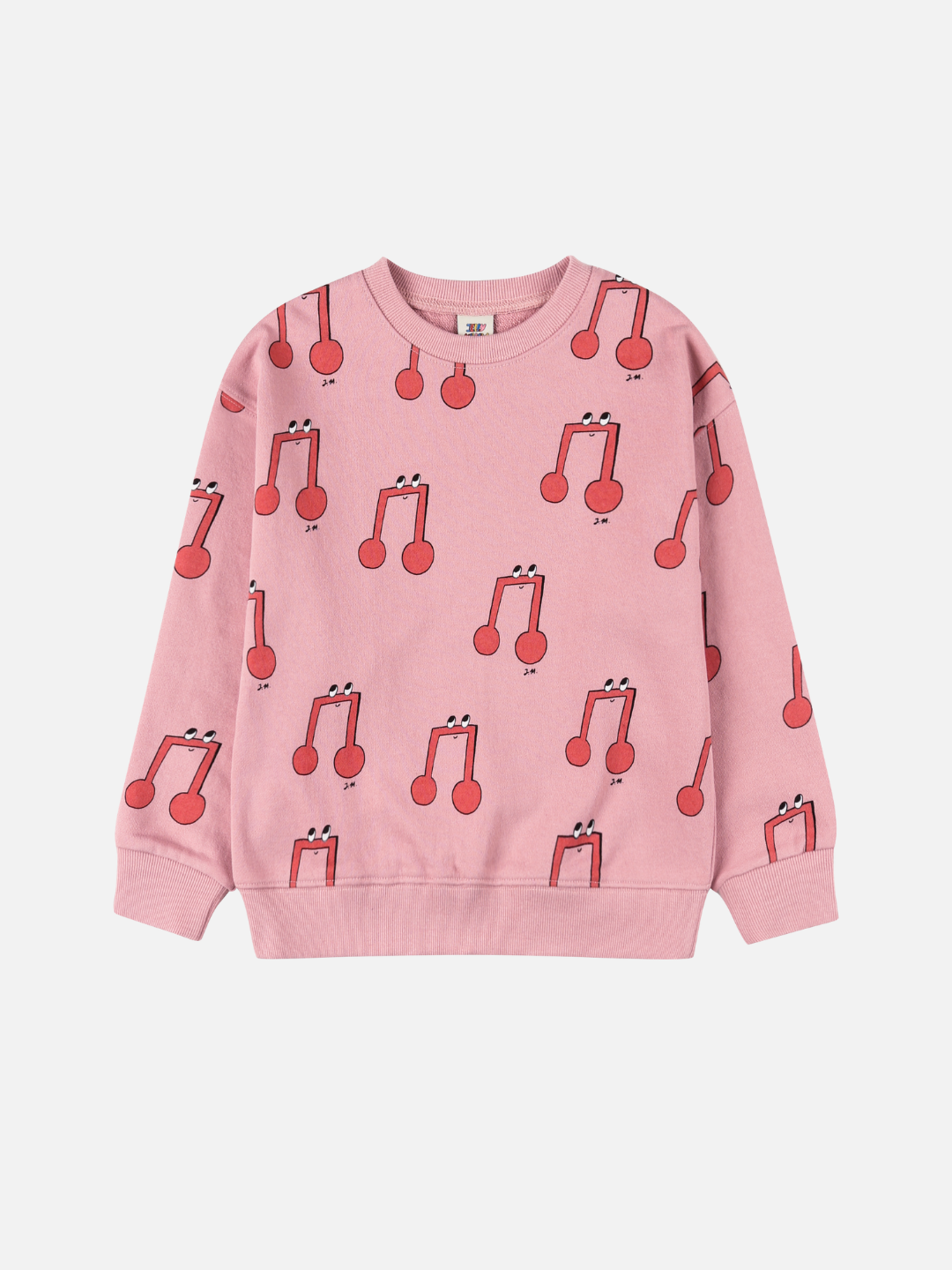 The MELODY PATTERN SWEATSHIRT is a pink children's sweatshirt with a lively red musical note pattern featuring smiling faces on white, delivering cheerful style at an affordable price.