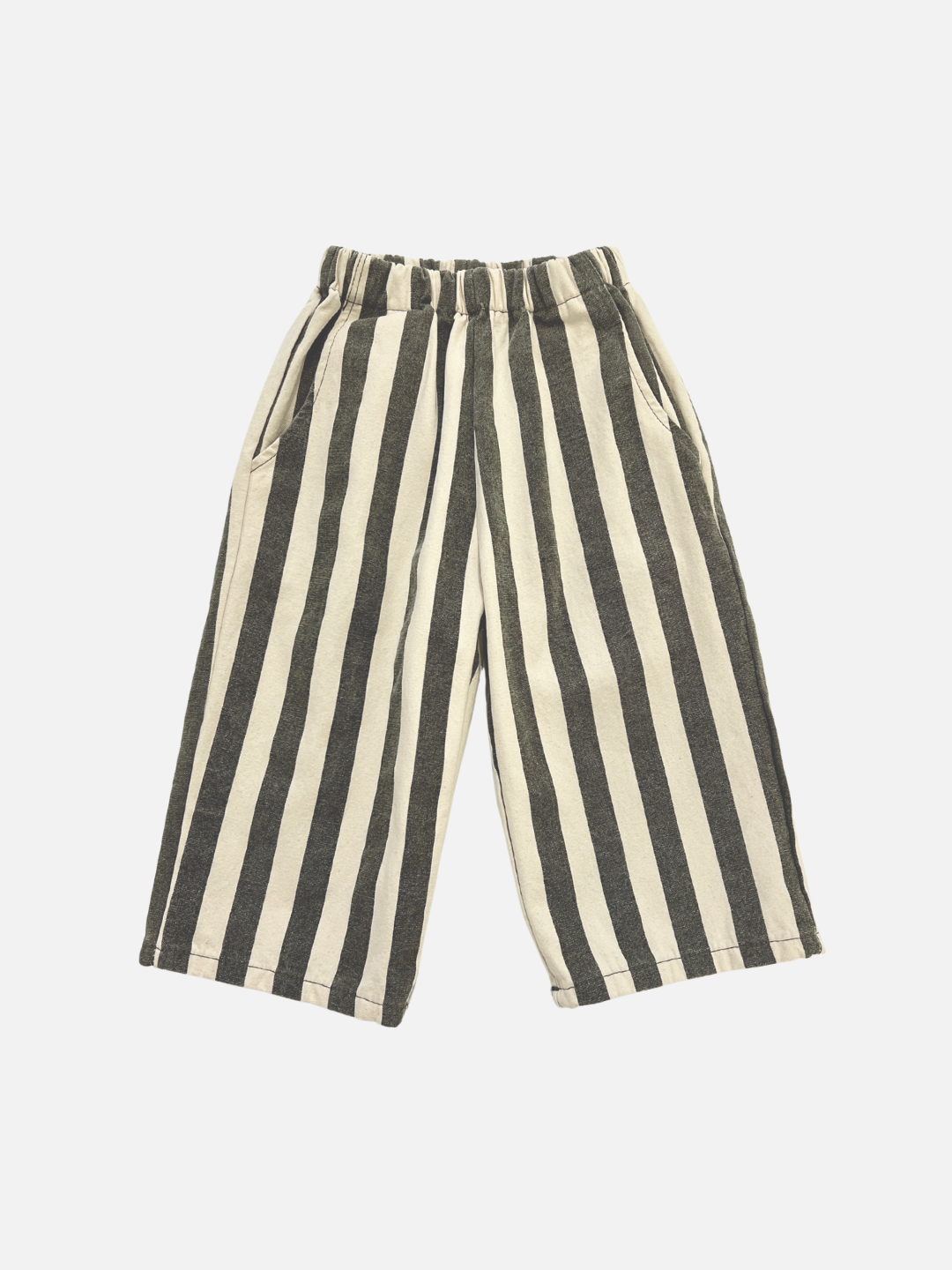 Charcoal Stripe | STRIPE PANTS in Charcoal Stripe feature wide-leg, pull-on design with elastic waistband and side pockets, inspired by a Korean kids brand. Shown against a white background.