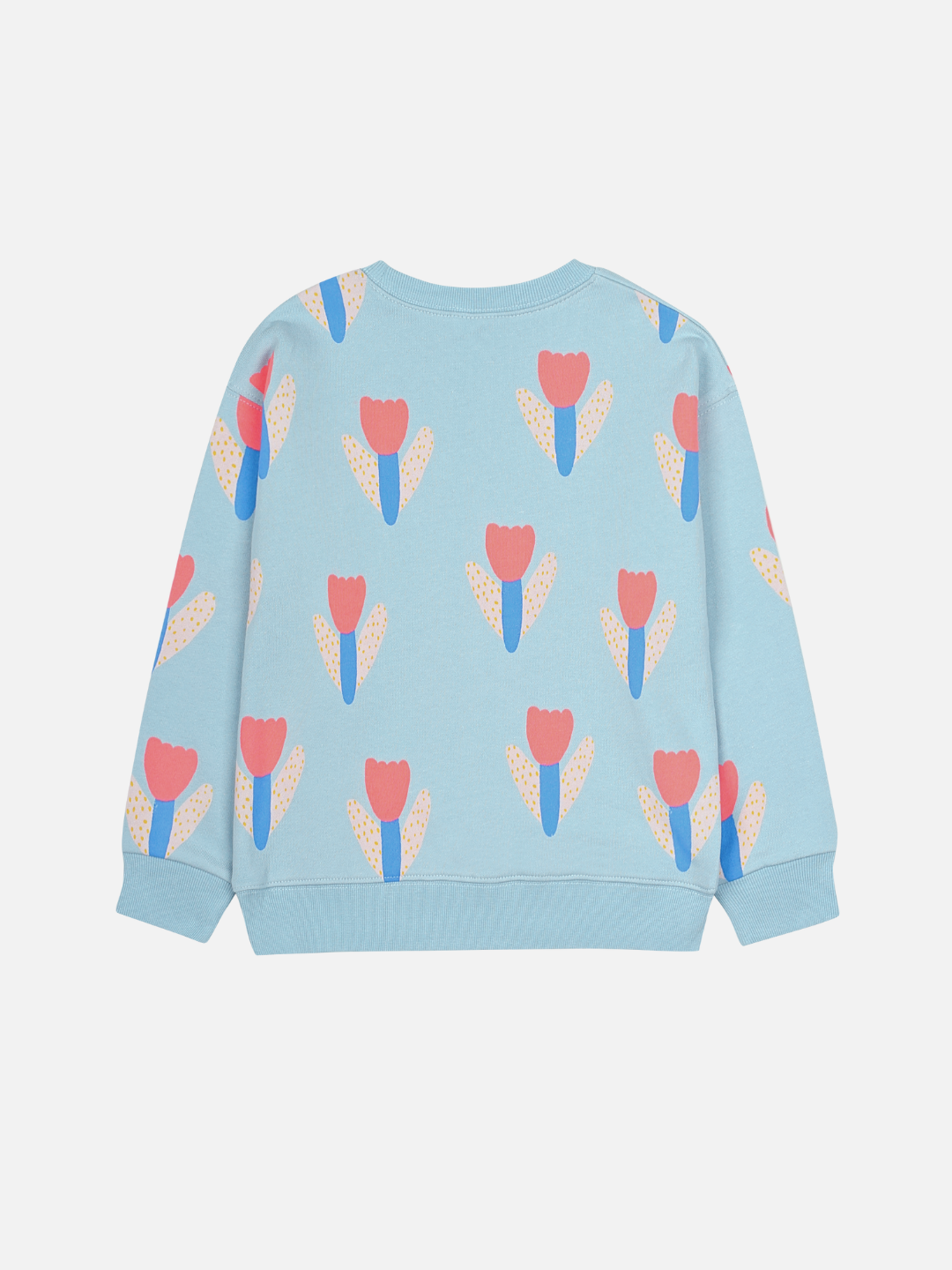 Cozy up in the TULIP SWEATSHIRT—a light blue top with a repeating pattern of red and beige tulip flowers with blue stems on the back