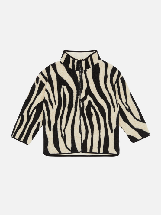 Image of Kids fleece jacket in a black and cream tiger stripe pattern.