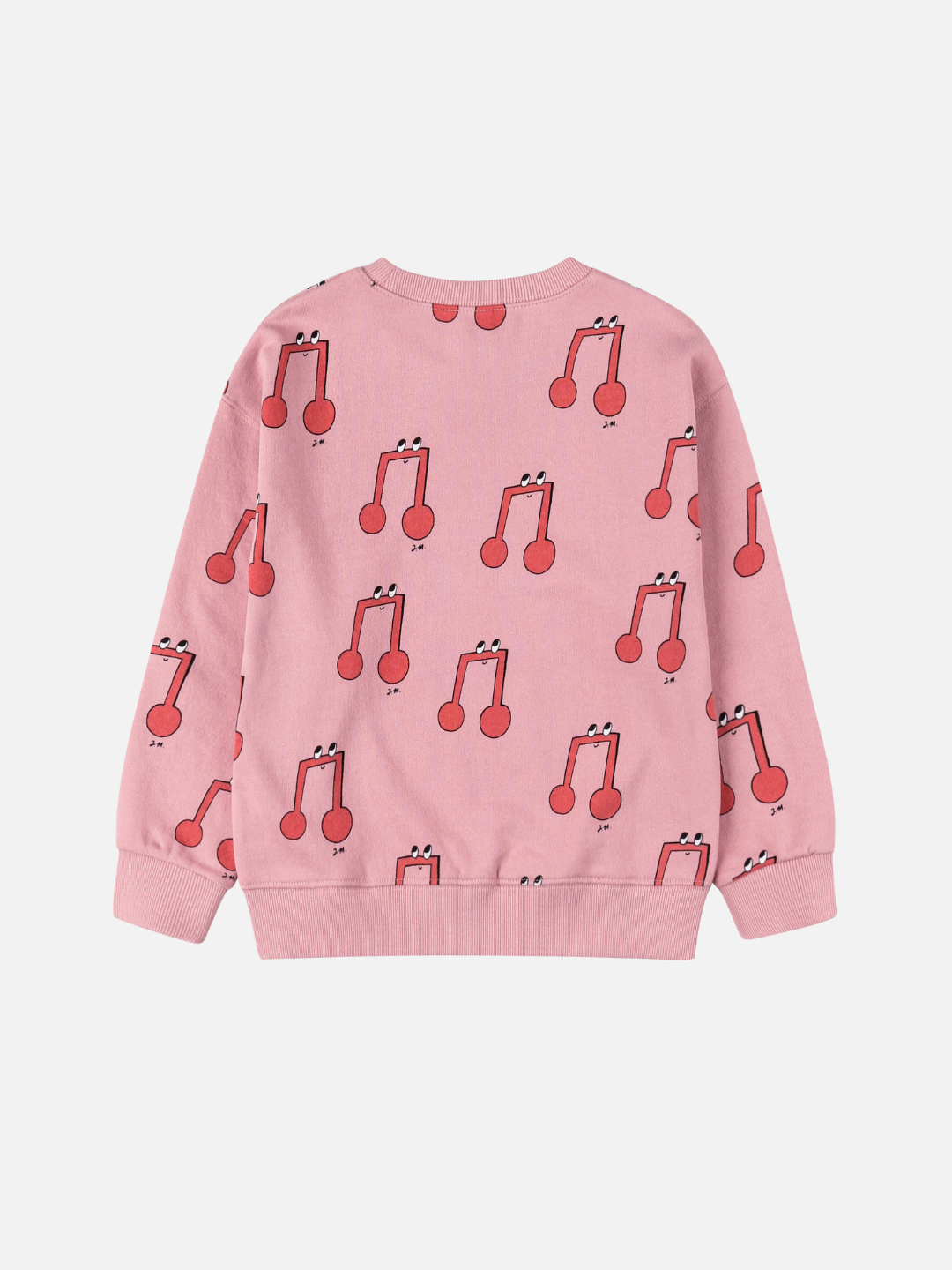 The MELODY PATTERN SWEATSHIRT is a pink sweatshirt with a repeating pattern of red cherries with musical note stems, shown on a plain white background. No hidden costs or extra tariffs included.