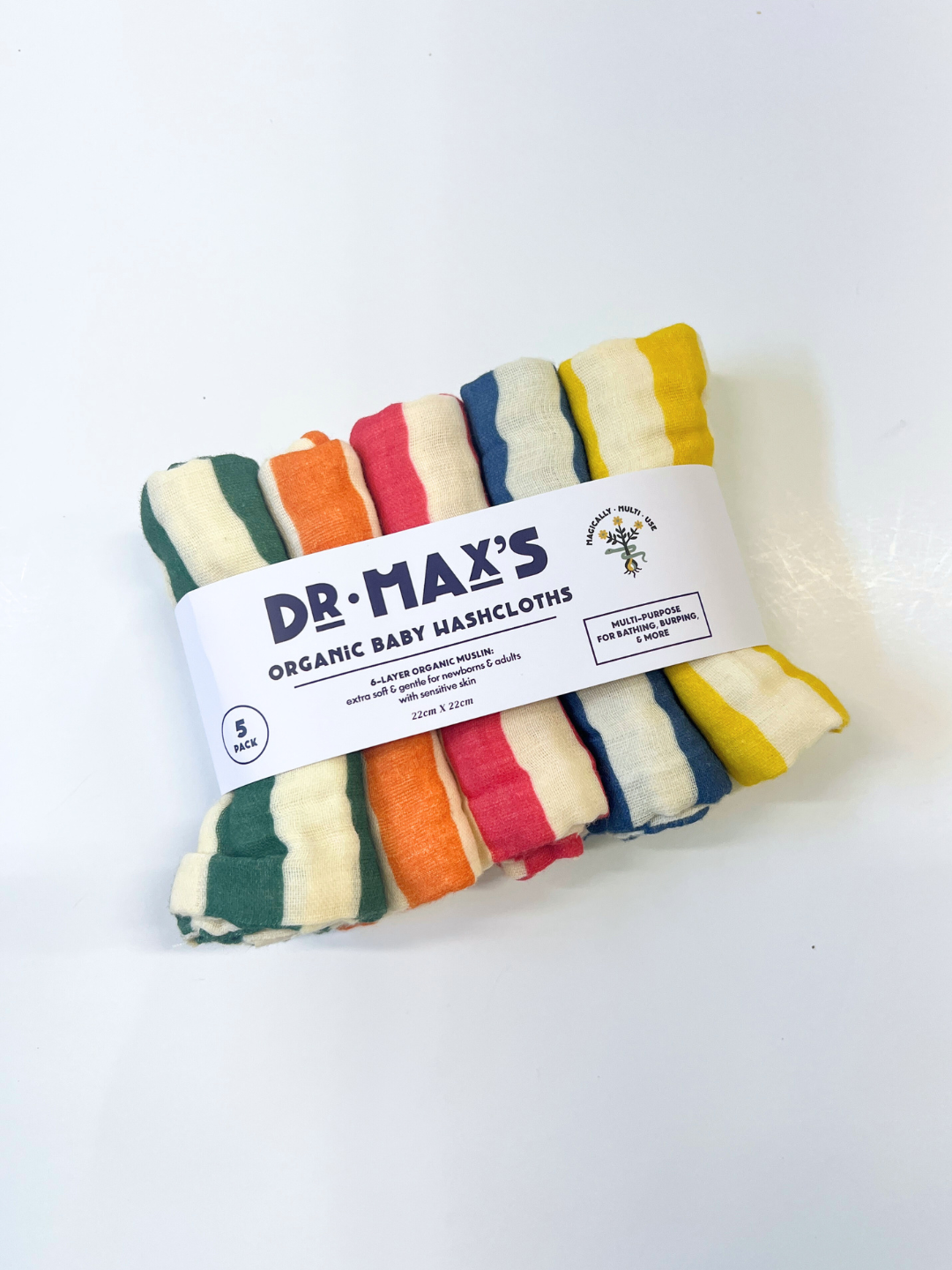 A pack of five ORGANIC BABY WASH CLOTHS with colorful stripes, wrapped in branded packaging on a white background—ideal for gentle bath time routines.