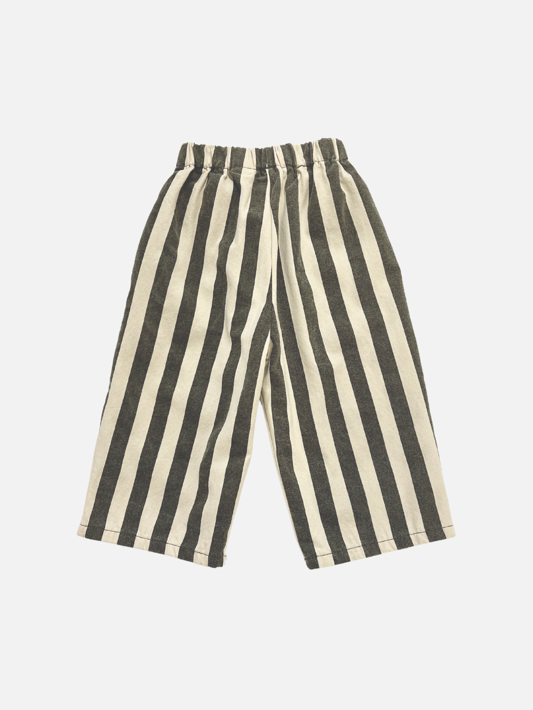 STRIPE PANTS: Black and white vertical striped wide-leg pull-on pants for kids, with an elastic waistband and cropped length, inspired by a popular Korean brand. Displayed on a white background.