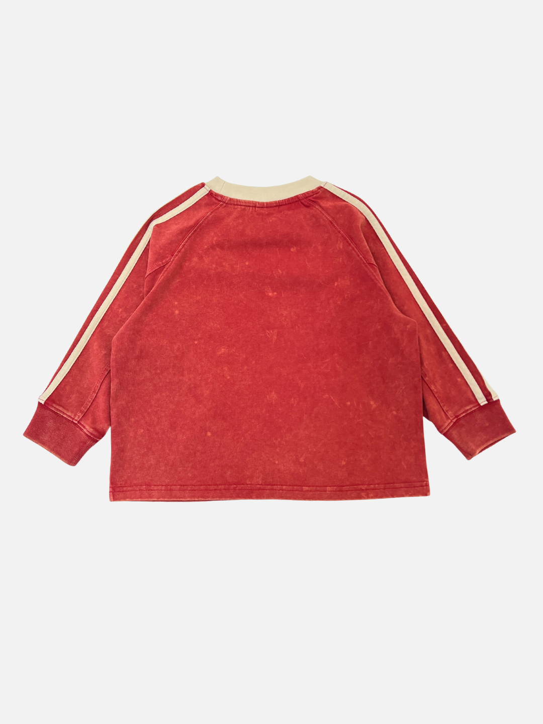 Red | The HALFTIME LONGSLEEVE is a red, vintage-inspired long-sleeve tee with a beige collar and sleeve stripes, shown flat from the back.
