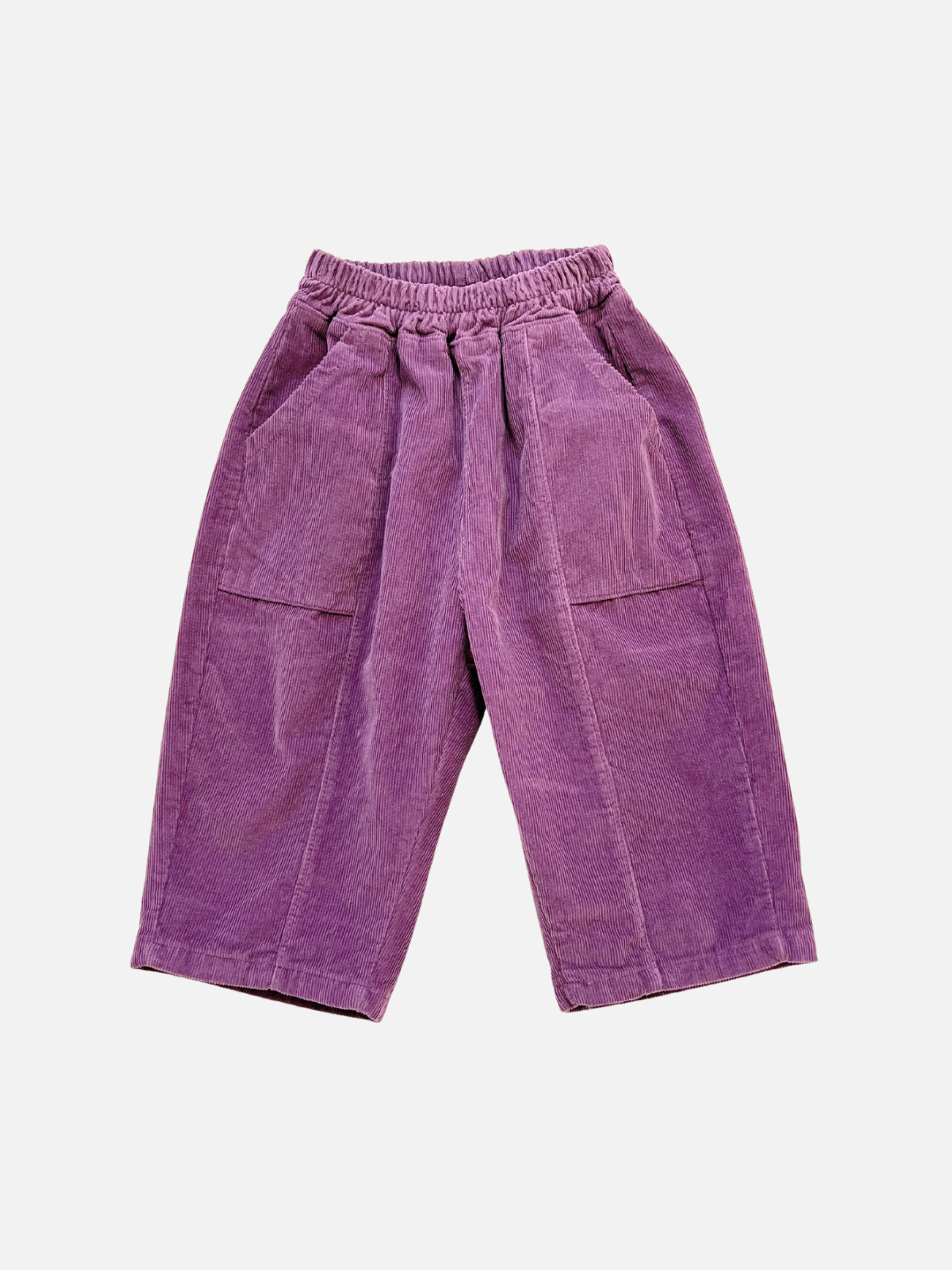 The CORDUROY PANEL PANT in Eggplant is a Korean kids’ cotton corduroy pant with an elastic waistband and large front pockets, shown laid flat on a white background.