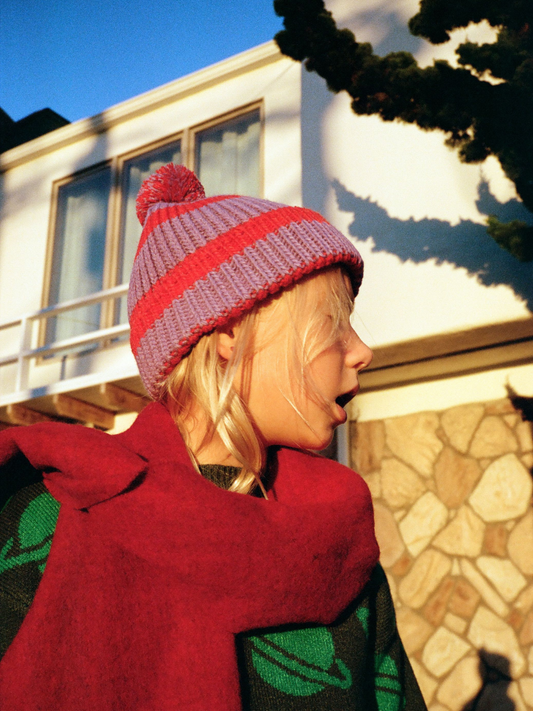 Second image of STRIPE POMPOM BEANIE in Purple