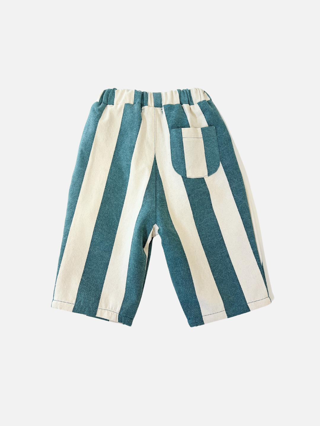 Teal | The BIG STRIPE PANTS for children feature a lightweight cotton canvas with wide-leg design, teal and white stripes, an elastic waistband, and a small back pocket.