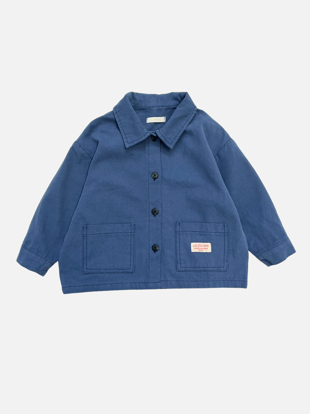 Blue | The MINI WORKWEAR JACKET in blue features a collar, two front pockets, and a small white and red label on the right pocket, shown on a plain white background.