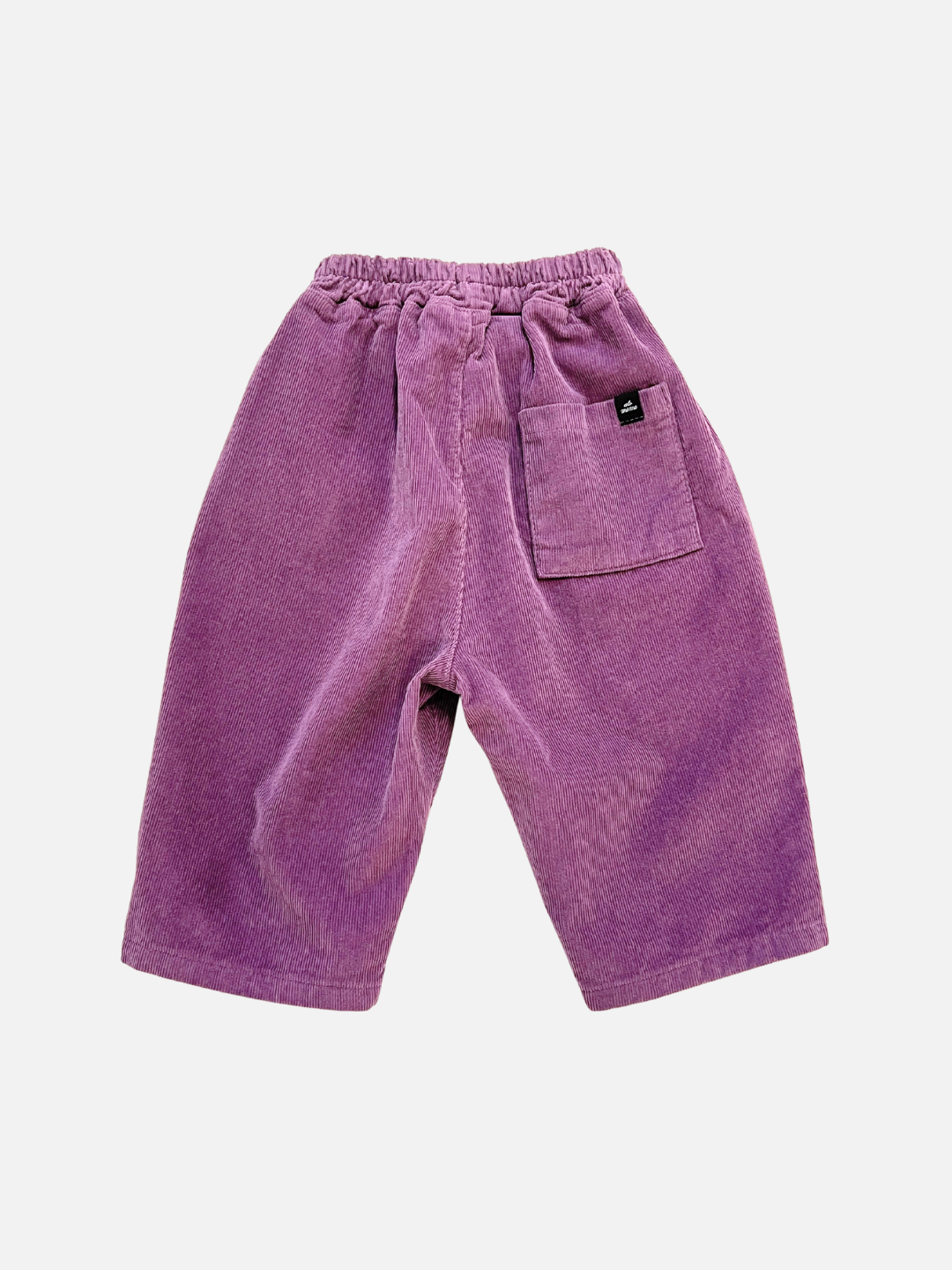 Eggplant | The CORDUROY PANEL PANT is a loose-fitting, purple cotton corduroy pant with an elastic waistband and back pocket—perfect comfy fall wear from a popular Korean kids brand, shown against a white background.