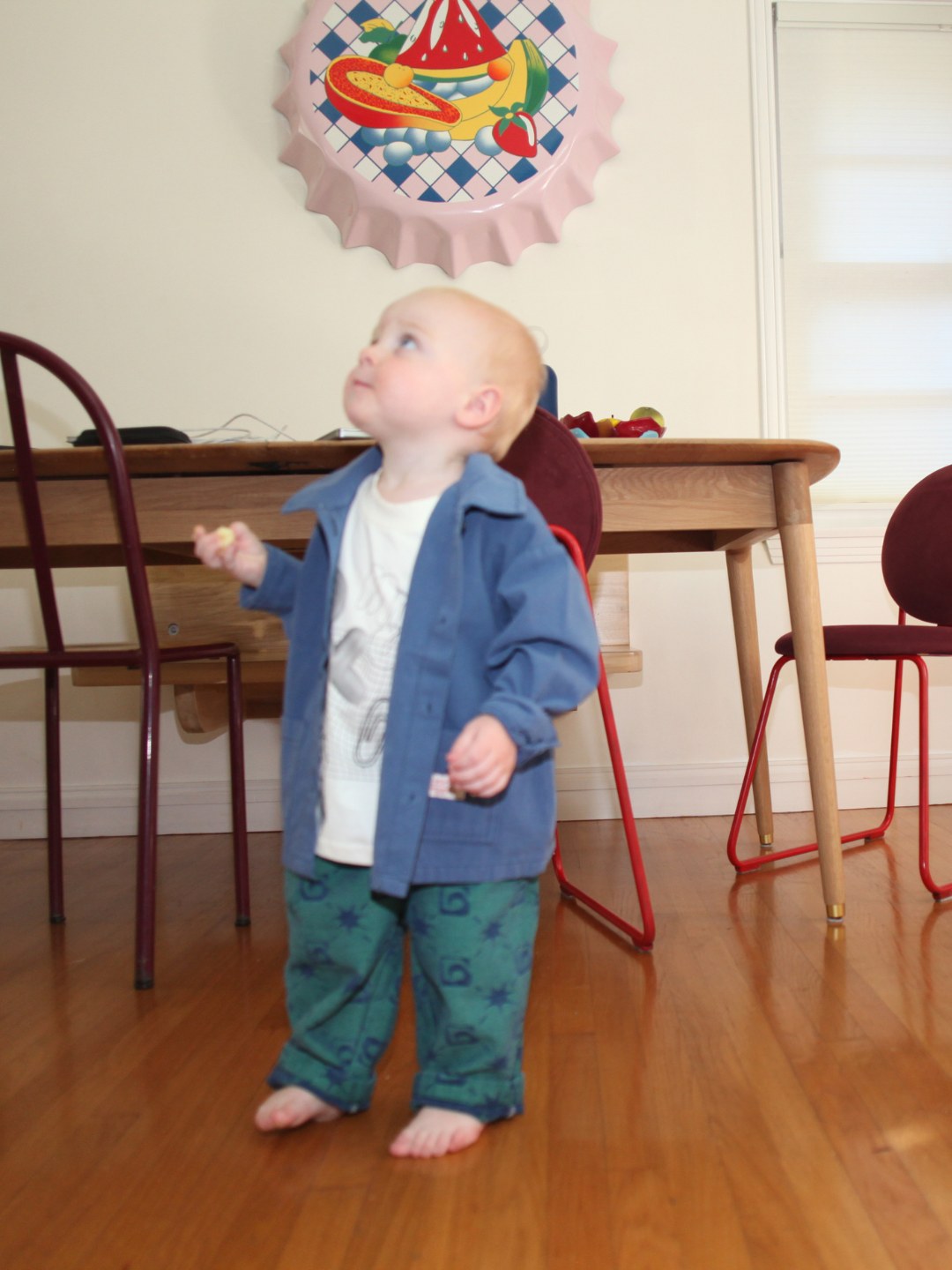 A barefoot toddler from the Milk Teeth collection stands indoors on a wooden floor, looking up. Behind him is a table with chairs and a fruit wall hanging, while his relaxed-fit TRELLIS JEANS add effortless style to the scene.
