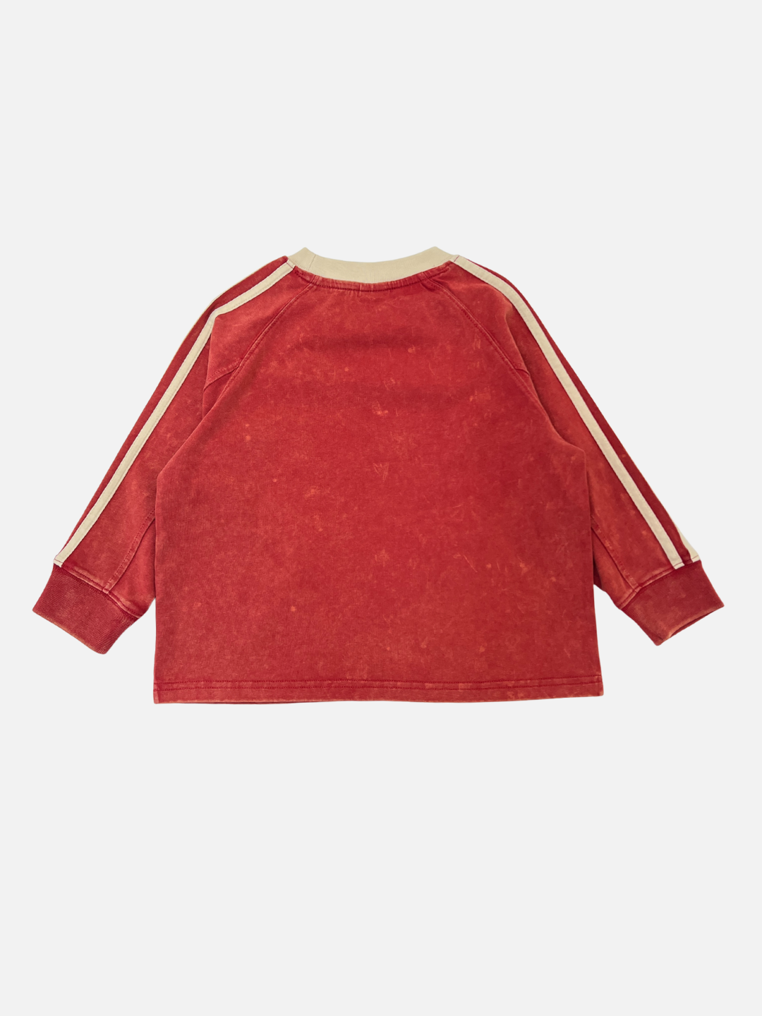 The HALFTIME LONGSLEEVE is a red, vintage-inspired long-sleeve tee with a beige collar and sleeve stripes, shown flat from the back.