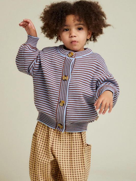 Second image of The EMIL COCO SKY STRIPE CARDIGAN is a knitted children's cardigan featuring blue, white, and brown horizontal stripes with four brown buttons on the front.