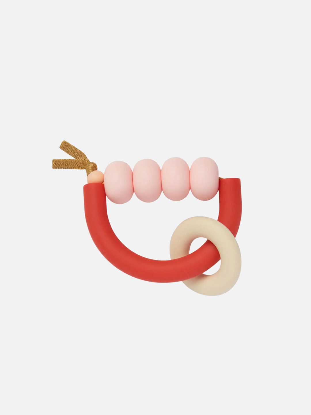 Teether with white ring on red semicircle, pale pink beads strung along top