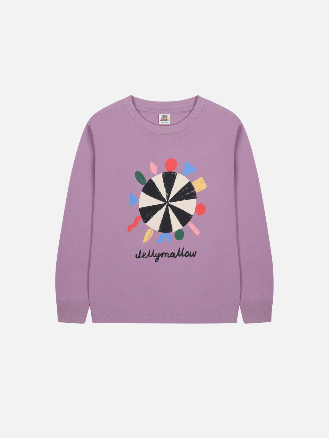 The COLOR ROULETTE LONGSLEEVE T-SHIRT features a lavender base, a vibrant abstract circle graphic, and "Jellymallow" text on the front