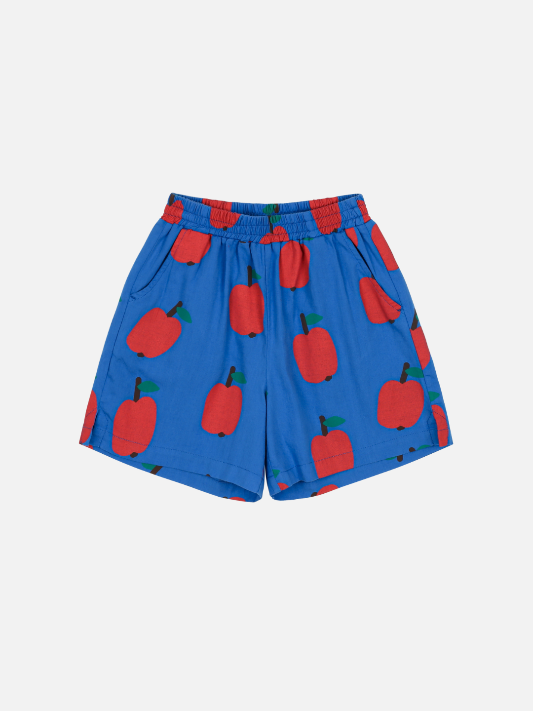 APPLE SHORTS featuring a blue base with red apple and green leaf patterns.