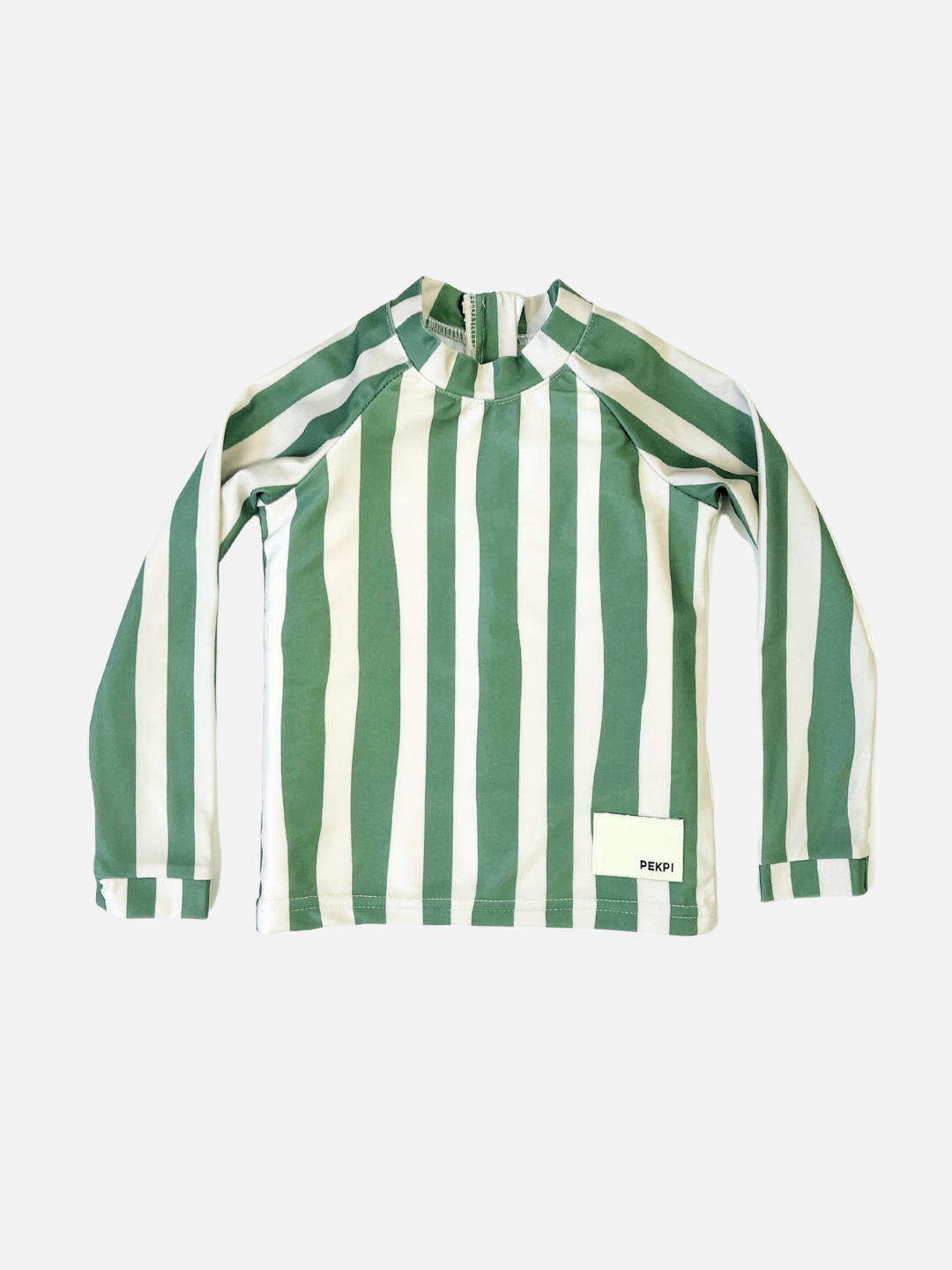 Jungle | The SWIM RASHIE is a long-sleeve shirt made from recycled material, featuring jungle-colored vertical green and white stripes with a small bottom-right tag.