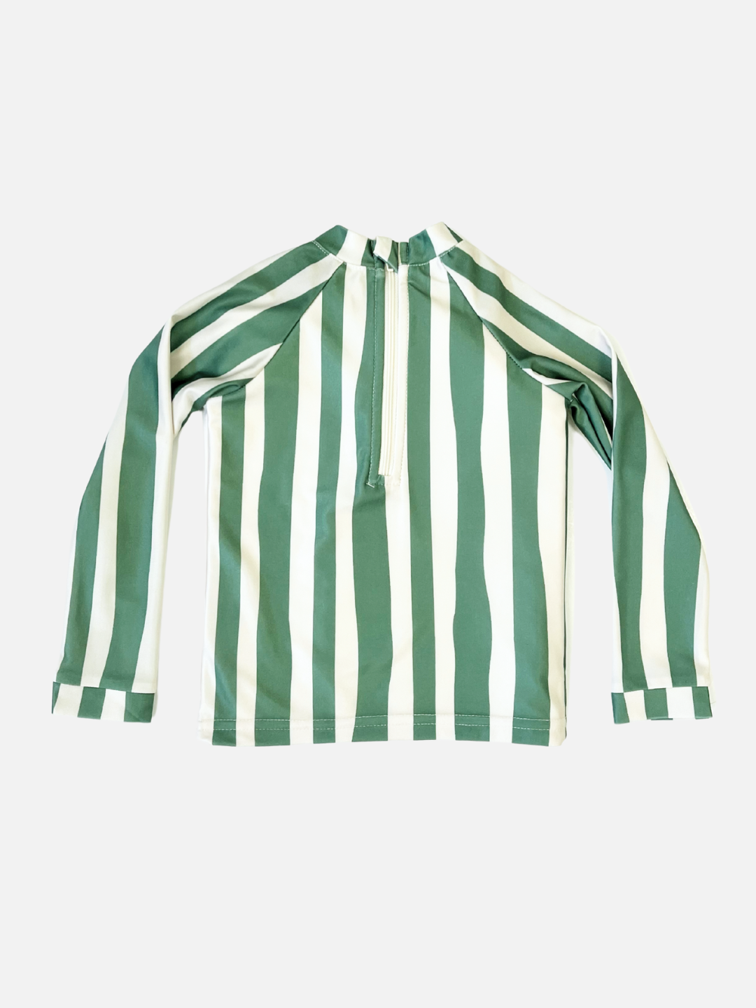 Jungle | The SWIM RASHIE, a long-sleeve shirt made from recycled fabric, features green and white vertical stripes and a sleek back zipper.