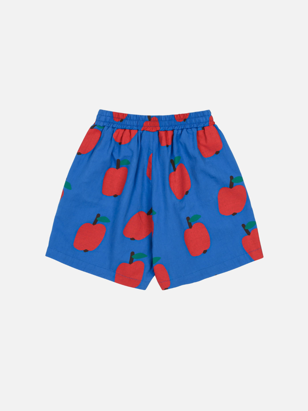APPLE SHORTS are blue with a red apple pattern, featuring an elastic waistband, and are displayed on a plain white background.