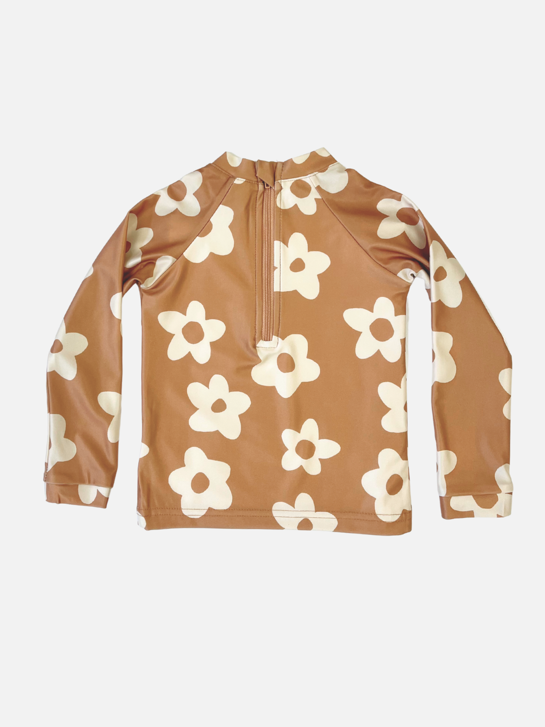 Posy | The SWIM RASHIE is a brown long-sleeve crafted from recycled fabric, featuring a white floral pattern and a convenient back zipper, beautifully displayed against a white background.