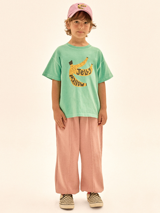 Second image of Green t-shirt with banana graphic and 'Jelly Mallow' text on a white background