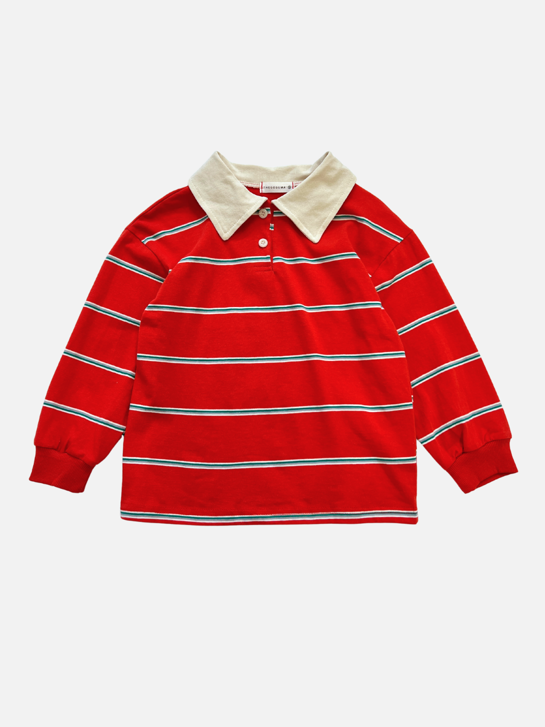 Red | The RETRO RUGBY LONGSLEEVE is a red, striped long-sleeved tee featuring white horizontal stripes, a classic rugby collar, and a buttoned placket inspired by Korean kids brand style.