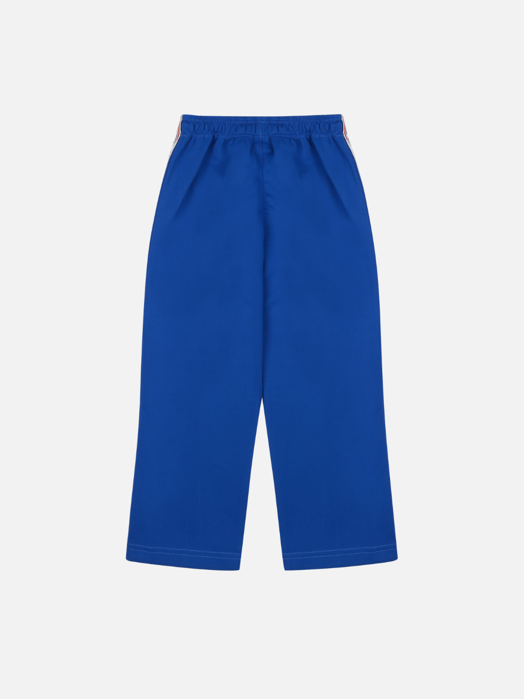 Blue | The CHESS TRACK PANTS are wide-leg, elastic-waist blue pants with side pockets, shown flat on a white background—perfect for stylish comfort.