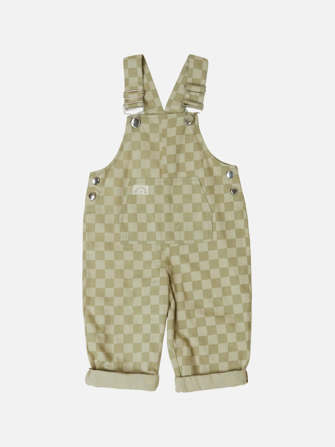 The Cecile Olive Check Dungaree is crafted from organic cotton twill and features rolled cuffs, silver buckles, a front pocket, and side buttons. This classic piece by Claude & Co. combines comfort and style, presented flat on a white background.