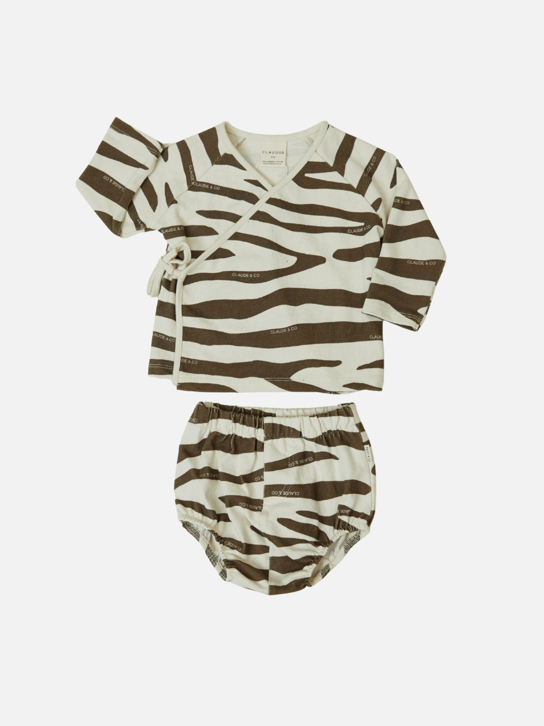 The REMY ZEBRA WRAP CARDI SHORT SET, in black, is an organic cotton zebra-print baby outfit with a long-sleeve wrap top and elastic waist shorts, displayed on a plain background. Ideal as a gift for new parents.