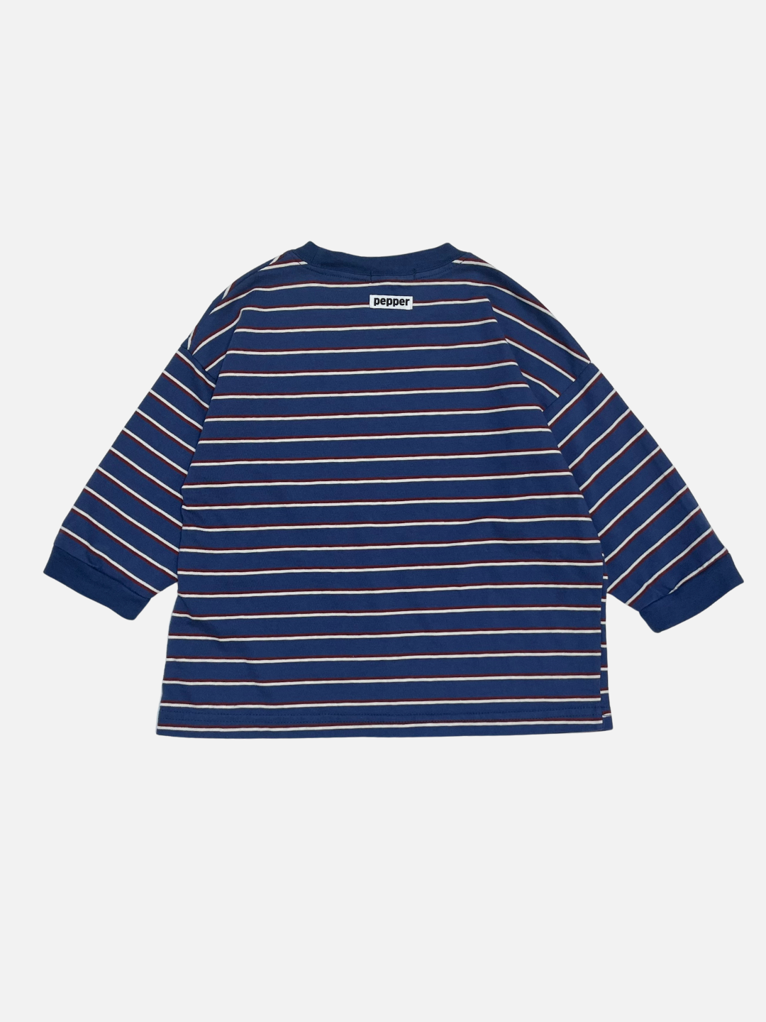 Blue | The PEPPER LONGSLEEVE TEE is a blue cotton top with thin white and red horizontal stripes, shown flat with the back up. Inspired by a Korean kids brand, it adds a playful touch to classic style.