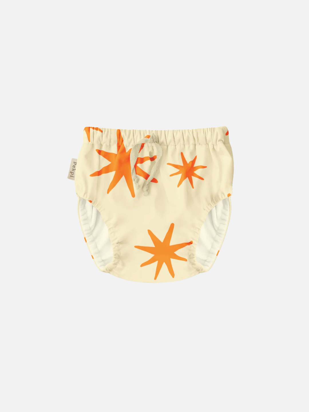 Capri | This Pekpi Capri SWIM DIAPER showcases a bright orange star pattern and is made from ultra-soft recycled material, offering an eco-friendly and gentle option for your baby.