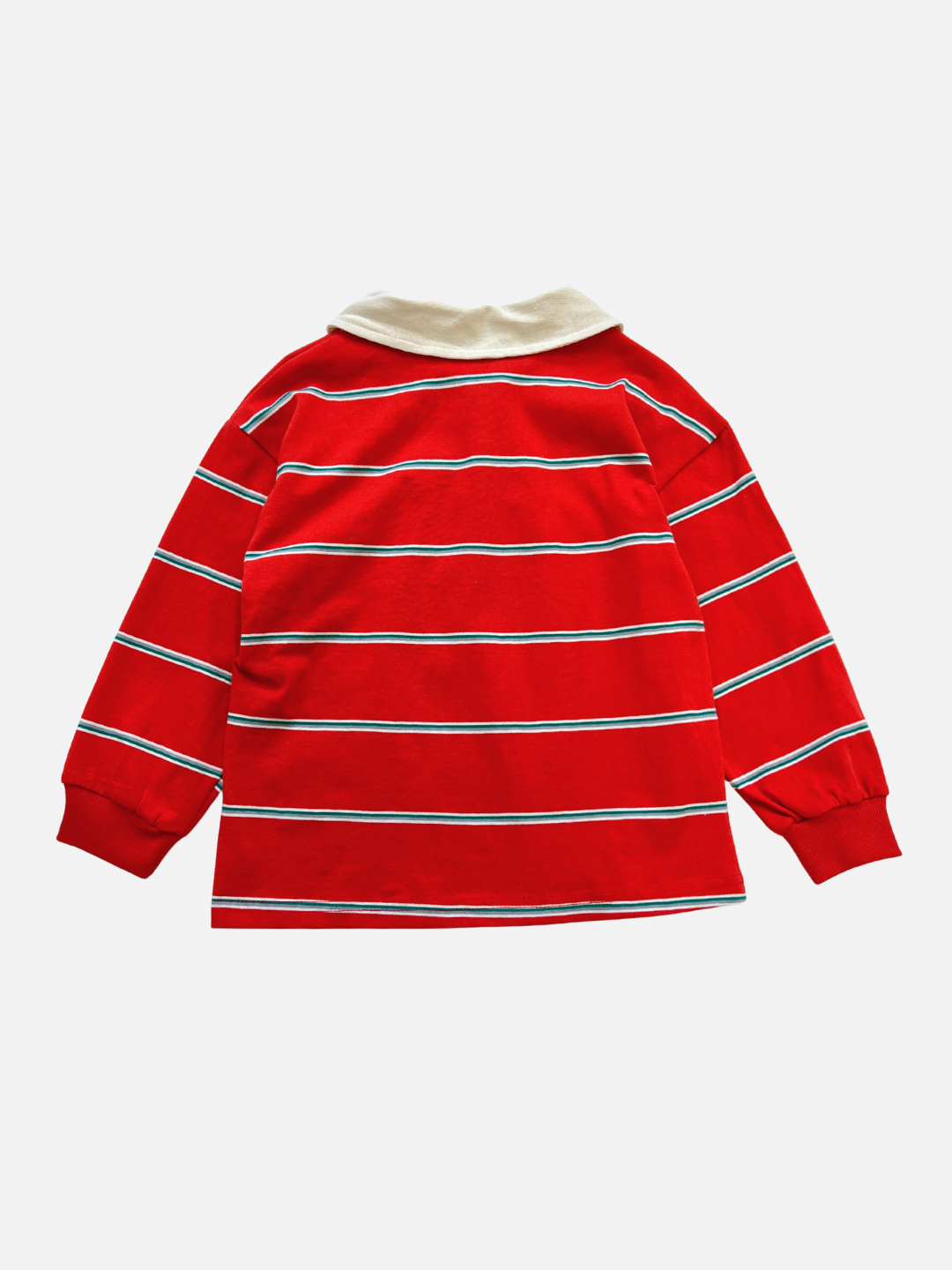 Red | The RETRO RUGBY LONGSLEEVE is a red kids' tee with white horizontal stripes, classic rugby collar, and long sleeves from a popular Korean brand, shown from the back against a plain background.