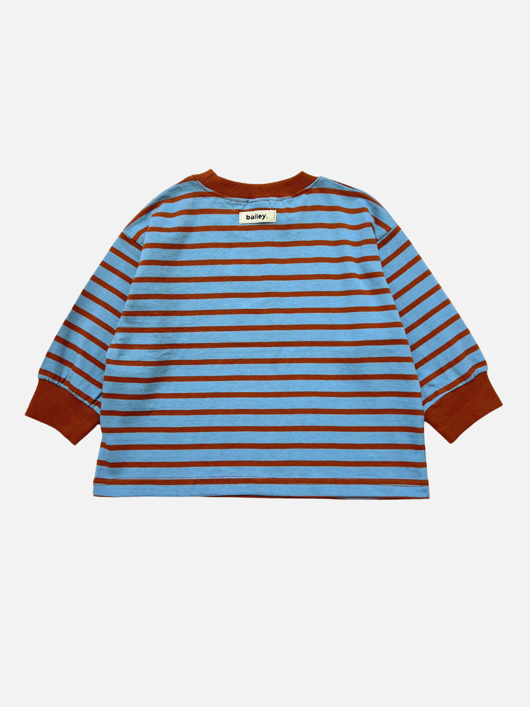 The BAILEY STRIPE LONGSLEEVE is a soft cotton, Korean kids' tee with blue and brown stripes, brown collar and cuffs, and a "bailey" label at the back neckline for a cute touch.