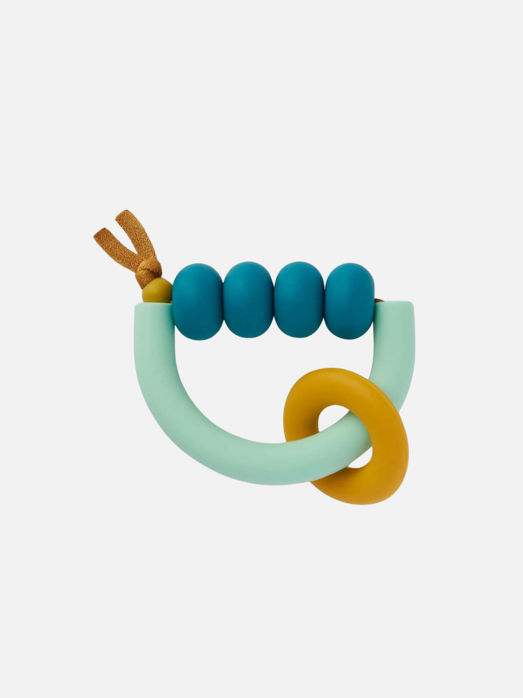 Teether with yellow ring on mint blue semicircle, four dark teal beads strung across the top