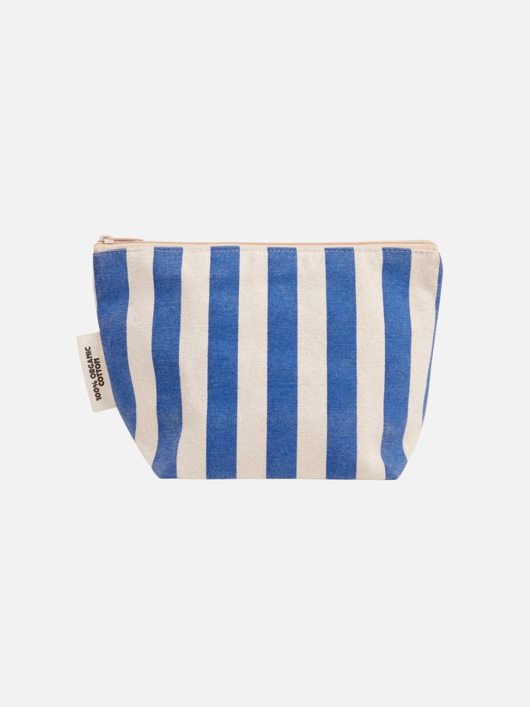 The ORGANIC COTTON ZIPPER BAG in blue features vertical stripes, a secure top zipper, and is made from durable organic cotton—ideal for organizing diaper bags.