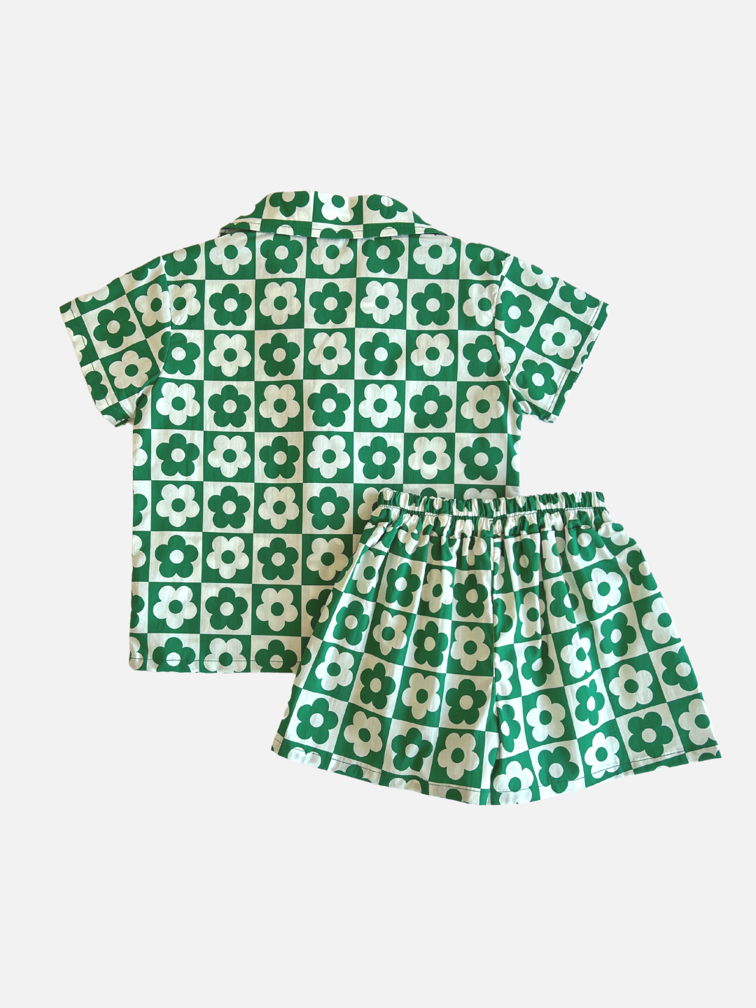 Pine | Set of kids' shirt and shorts in a checkerboard pattern of green and white flowers, back view