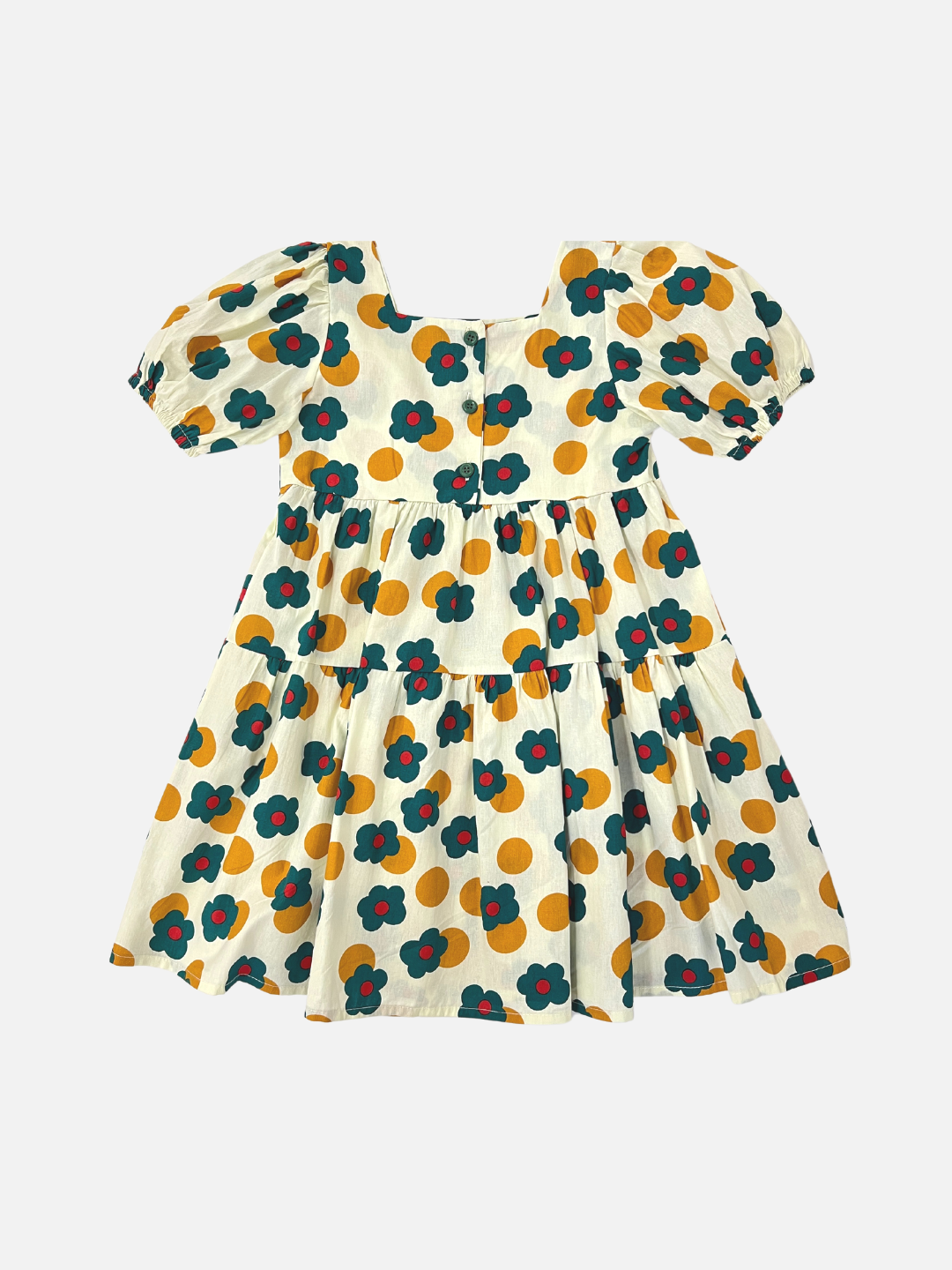 A kids' tiered, puff-sleeved dress in a pattern of green and red flowers and ochre dots on a white background, back view