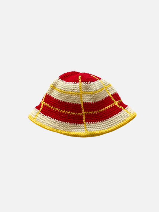 Image of HAND-CROCHETED GRID HAT - 3-6Y in Red + Ecru + Yellow