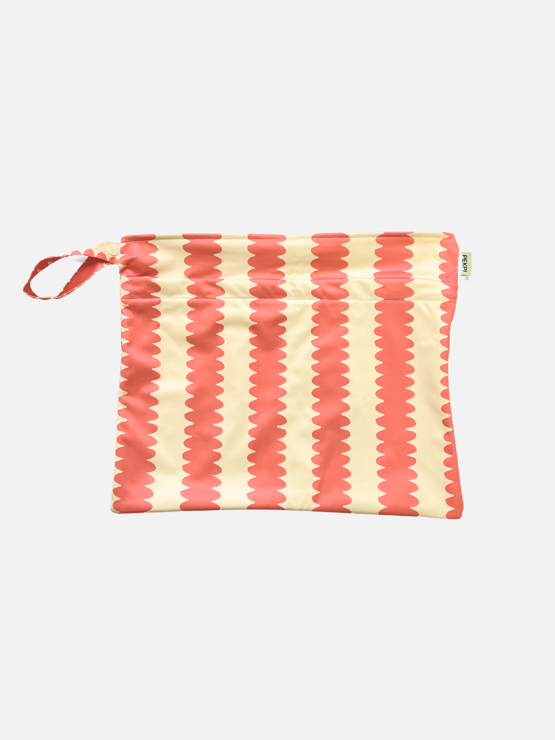 Watermelon Wobble | WET BAG in Watermelon Wobble: a square wet bag made from recycled plastic bottles, featuring pink and cream wavy stripes, a side loop handle, and zipper closure. Shown on a plain white background.